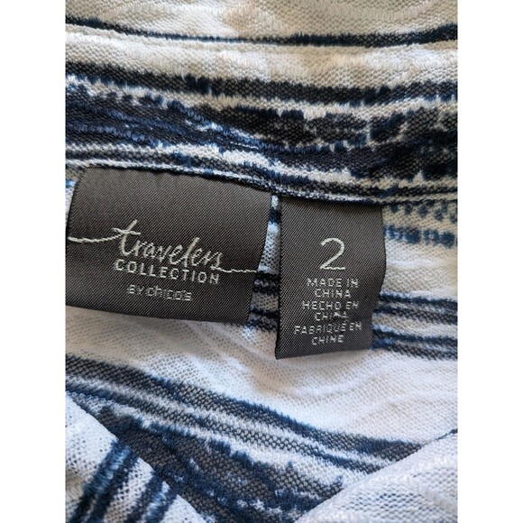 Chicos Travelers Top Womens L/2 Blue Sheer Mesh Button Up Stripe Shirt Coverup - Picture 3 of 13